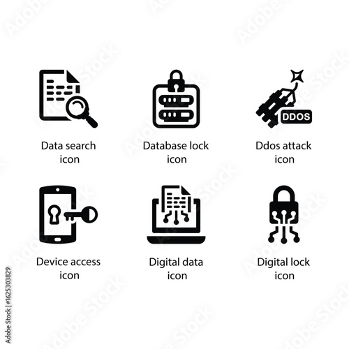 Data search, Database lock, Ddos attack, Device access, Digital data, Digital lock, icon