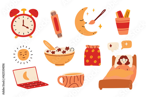 Daily Routine Elements: A collection of whimsical illustrations depicting everyday items associated with a relaxed, comfortable lifestyle and simple daily routine.