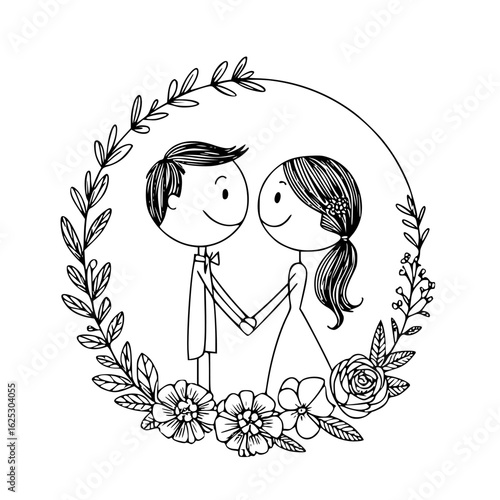 Wedding Day: A loving illustration of a newlywed couple, radiating happiness and the promise of forever, surrounded by a delicate wreath of flowers.