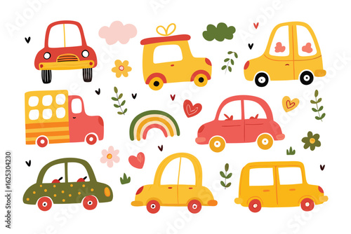 Whimsical Fleet of Car Designs: An imaginative collection of playful, charming car designs. Each vehicle exudes a unique personality, complemented by decorative elements like flowers and rainbows.