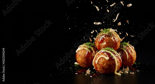 Dynamic shot of Japanese Takoyaki. Octopus balls with sauce, mayonnaise, and bonito flakes falling on top. Asian street food snack isolated on black with copy space.