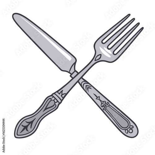 Silver fork and knife crossed with decorative handles silverware cutlery