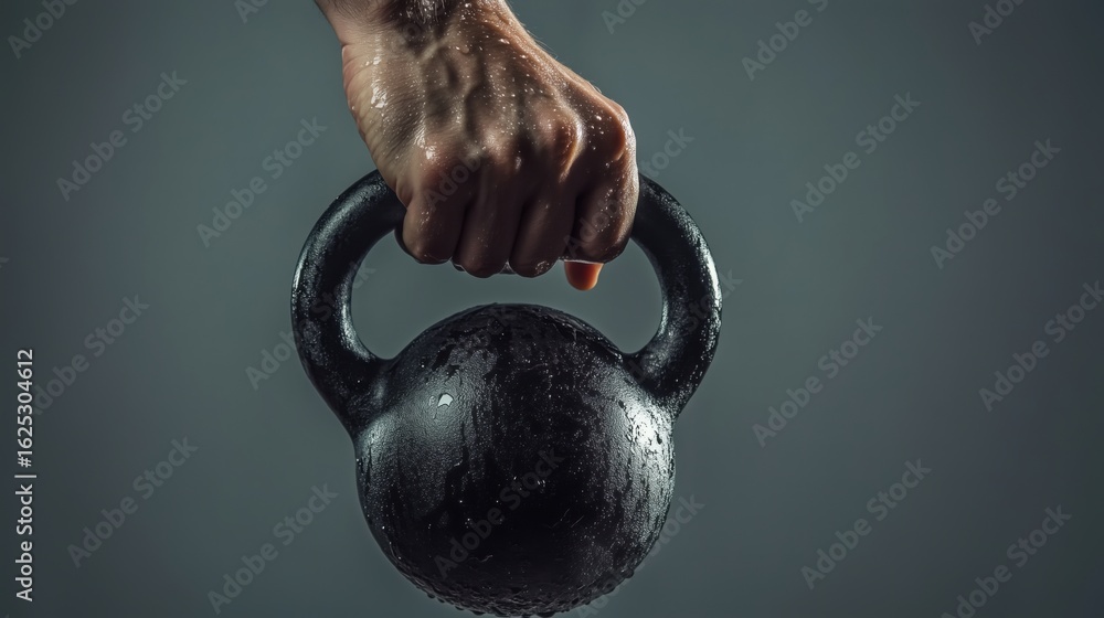 Fototapeta premium Strong hand gripping kettlebell handle, sweat droplets visible, gray background