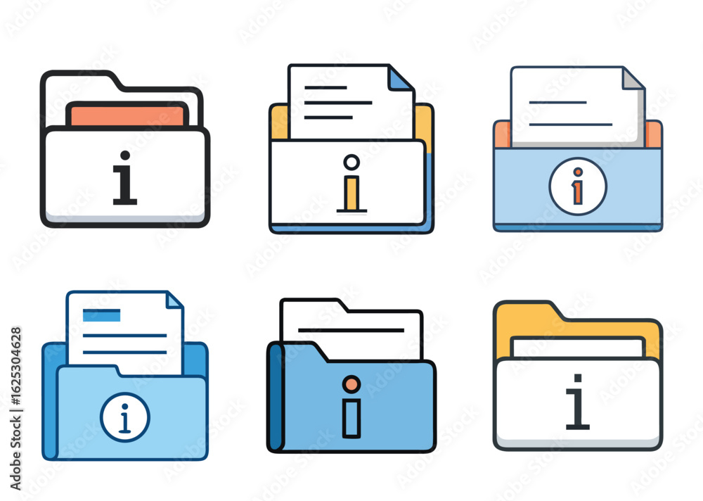 Set of information folder icons with papers in different color styles Set of information folder icons with papers in different color styles