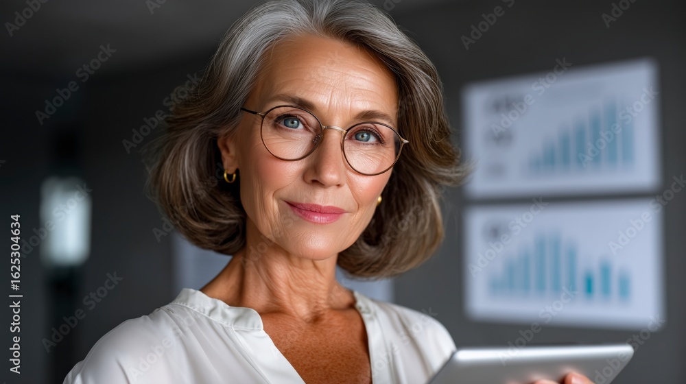 Fototapeta premium Confident Senior Businesswoman Holding Tablet for Financial Planning and Withdrawal Rate Strategy