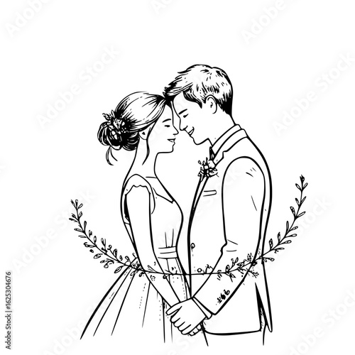 Forever Bond: A loving couple embraces, their faces close, surrounded by delicate floral elements, capturing the tenderness of new beginnings.