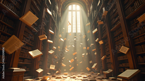 Magische Bibliothek mit schwebenden Büchern im Sonnenlicht - Frame TV Wallpaper - Magisches Hintergrundbild