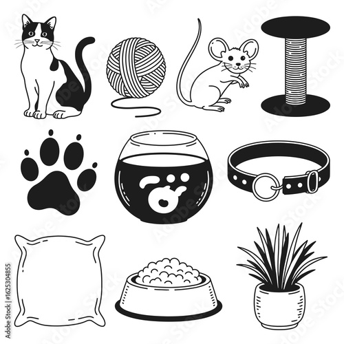 Black and white cat mouse yarn ball scratching post paw print fishbowl collar pillow food bowl plant