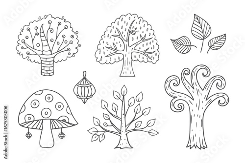 Whimsical Forest Sketch: Delight in the charm of a pen and ink drawing showcasing an array of delightful trees, leaves, and a decorative hanging lantern.