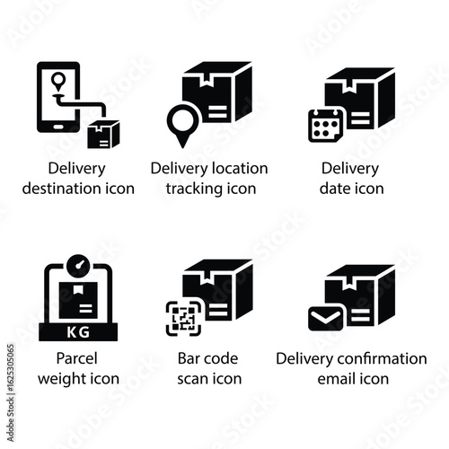 Destination, location tracking, Delivery date, Parcel weight, Bar code scan, Delivery confirmation, icon