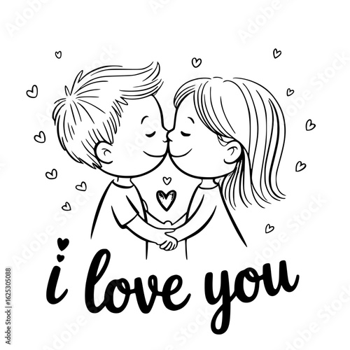 Romantic Kiss: A tender moment, a pair of lovers sharing a kiss. A heartwarming display of love in minimalist black and white sketch style. 
