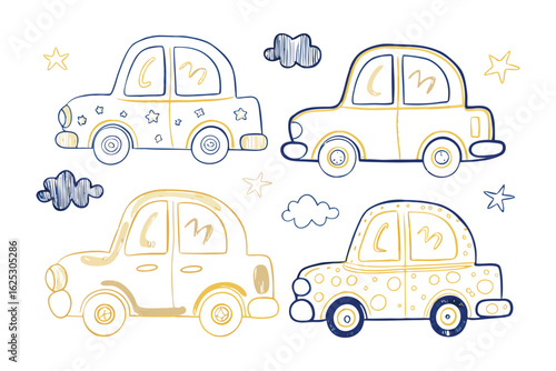 Cute Car Illustration: A delightful set of charming, whimsical car illustrations, rendered with simple lines and a playful aesthetic, evoking a sense of joy and innocence.