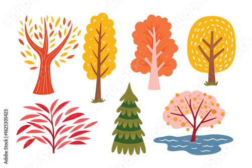Colorful Autumnal Array: A collection of vibrant trees, each boasting unique shapes and shades. From fiery reds to golden yellows.