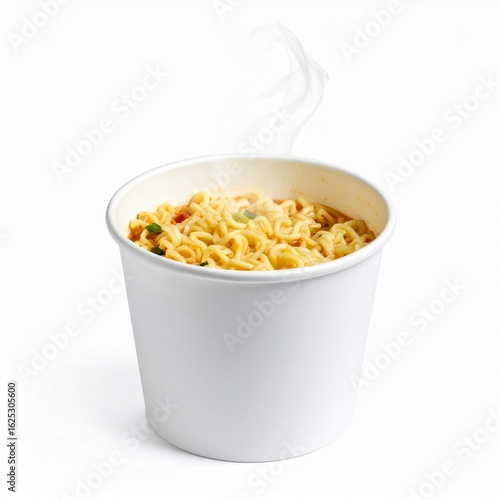 Instant ramen in white paper cup, steaming
