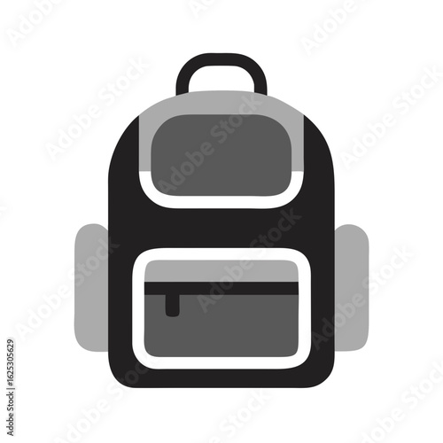 Black and gray backpack with multiple compartments and pockets  