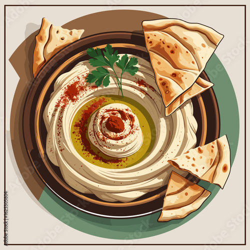 Hummus with pita bread and garnish on a decorative plate  