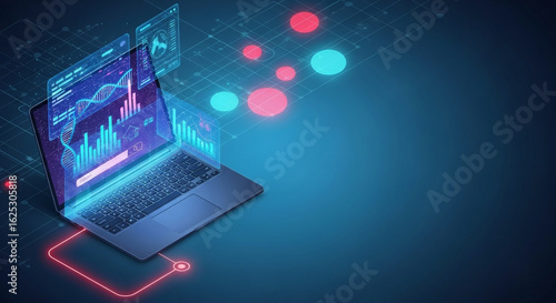 Wallpaper Mural Futuristic laptop displaying financial data analysis with glowing charts and digital network connections on a dark blue background Torontodigital.ca