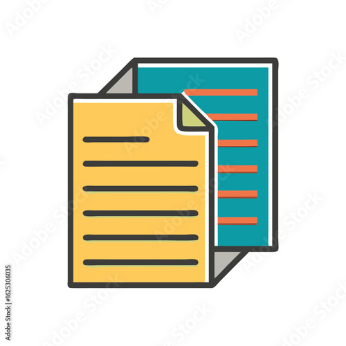 Illustrated stacked documents in yellow and blue color scheme  