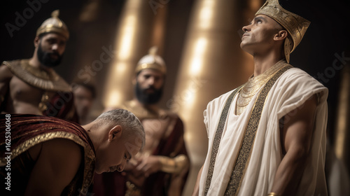 Joseph interprets Pharaoh’s dream, pointing upward as Pharaoh leans forward in awe, inside a richly decorated palace glowing with golden sunlight, while Egyptian priests watch silently behind..