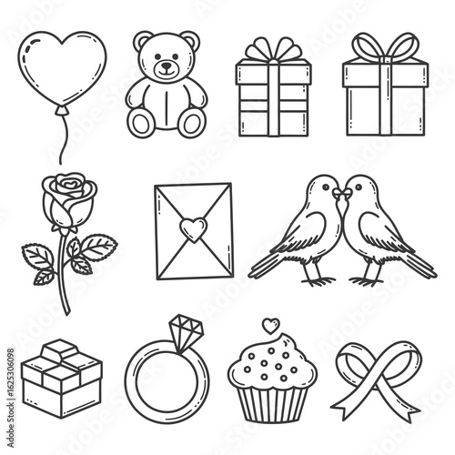 Heart balloon teddy bear gifts rose envelope love birds ring cupcake ribbon vector