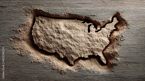 United States Map Outline in Sand on Wood Surface