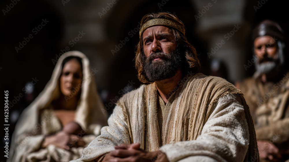 Naklejka premium Solomon sits on a raised throne, left hand on lion-armrest, right raised for silence; two distressed women stand before him—one clutching a baby, the other pleading; soldiers nearby; golden sunlight.