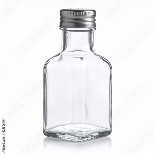Clear glass square bottle with metal lid