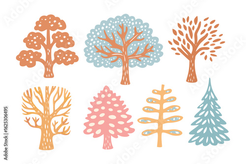Whimsical Forest: Delightful illustration of varied trees stands against a backdrop, evoking a sense of playful innocence and natural beauty.