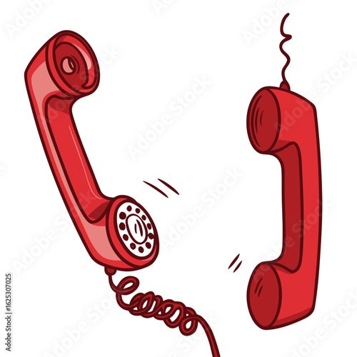 Red vintage telephone receivers communicating with each other retro