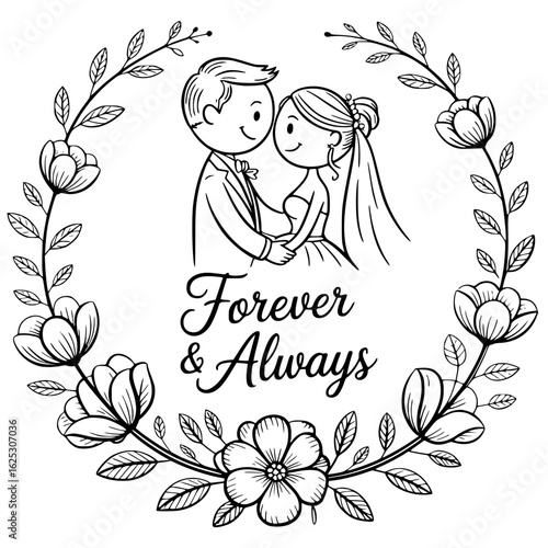 Everlasting Commitment: An illustration captures a couple's tender embrace within a floral wreath. This elegant design represents eternal love, and commitment