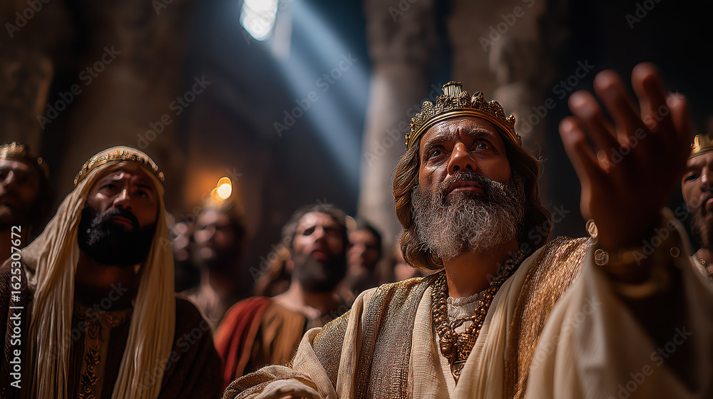 Naklejka premium Solomon sits on a raised platform in his royal court, left hand on lion armrest, right hand raised for silence; two distressed women stand before him, soldiers nearby; golden sunlight floods.