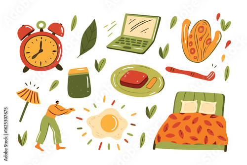 Morning Rituals: A whimsical collection of everyday objects including alarm clock, laptop, fried egg, bed, creating a collage of a relaxing morning routine.