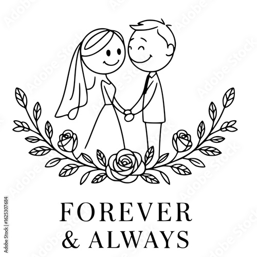 Eternal Union: An intimate sketch portraying a charming pair, hand-in-hand, encircled by botanical elements that symbolize everlasting affection. A tribute to eternal devotion.