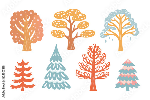 Stylized Tree Collection: A collection of diverse, whimsically illustrated trees. Showcasing a variety of tree species and forms, each design bursts with personality, making them perfect for projects.