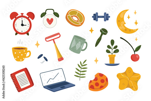 Daily Routine Essentials: A collection of charmingly illustrated objects, each representing a facet of daily life, neatly arranged to tell a visual story. 