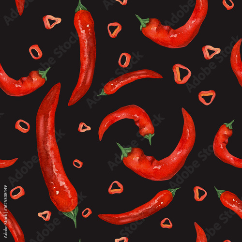 Red hot pepper kochukaru, chili. Seamless pattern of watercolor illustrations on a dark background. For design of postcards, recipes, printing, wallpaper	