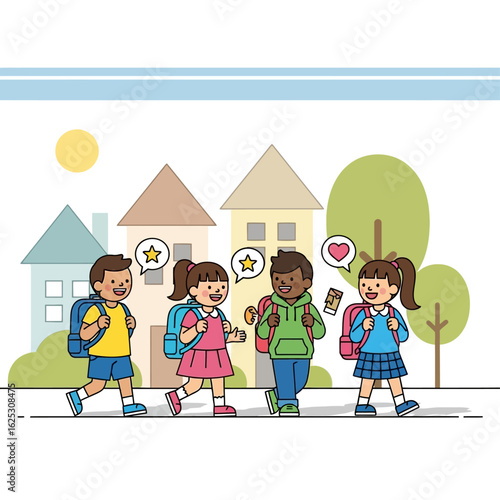 Four children with backpacks walking to school, chatting and sharing snacks.