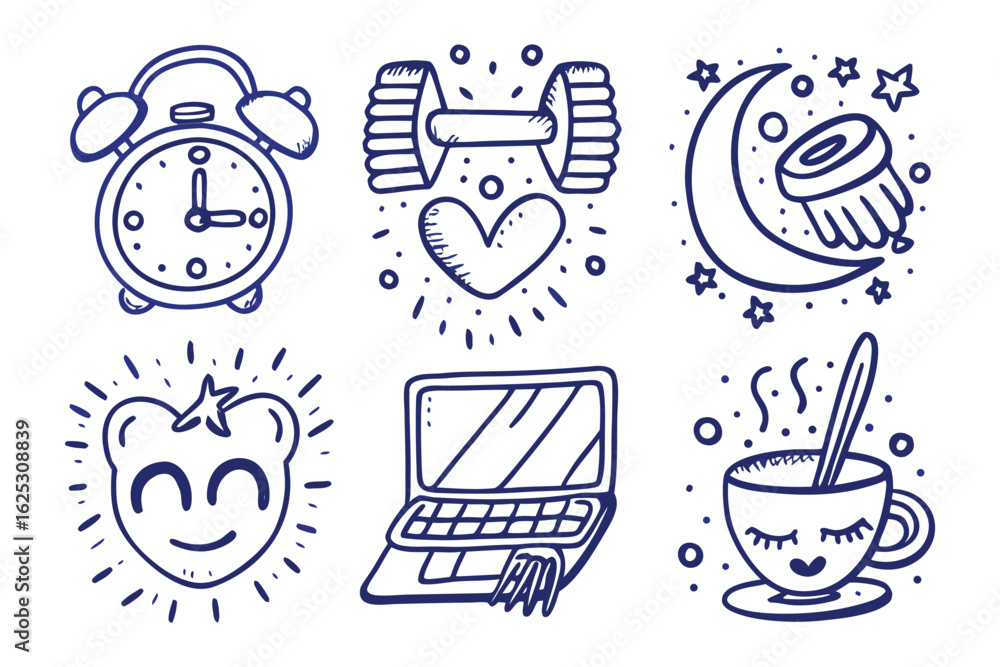 Fototapeta premium Morning Routine Icons: A charming collection of hand-drawn icons depicting a daily ritual, each one celebrating aspects of a balanced lifestyle and symbolizing a fresh start. 