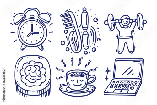Routine Lifestyle Sketch: An illustrative set of life essentials, from the wake-up call of a classic alarm clock to the focus of a laptop.