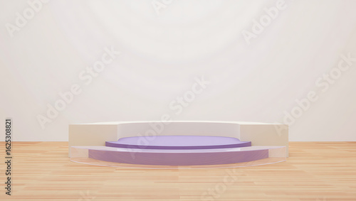 Minimalist pastel stage with circular platform and soft lighting for product display and presentation