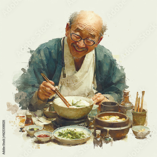 senior man enjoying Asian meal with chopstick, hand-painted vintage illustration.Vector illustration