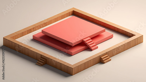 Abstract isometric sculpture featuring stacked coral pink geometric platforms with wooden frame and staircase elements