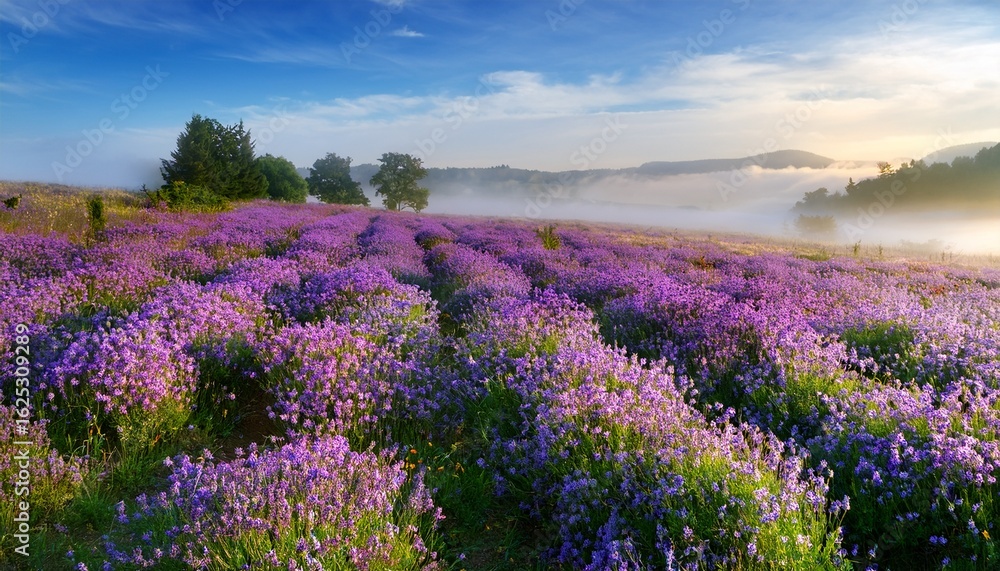 Naklejka premium serene lavender field with vibrant wildflowers under gentle mist