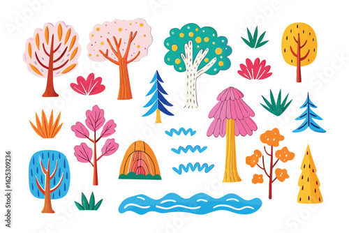 Enchanting Nature Elements Illustration: A vibrant collection of stylized trees, bushes, and a gentle body of water, perfect for evoking the charm of nature.