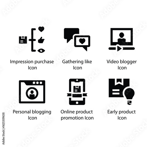 Impression purchase, Gathering like, Video blogger, Personal blogging, Product promotion, Early product, icon
