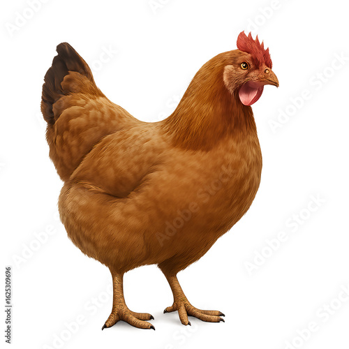 Detailed brown hen with a bright red comb and open beak, standing alert.