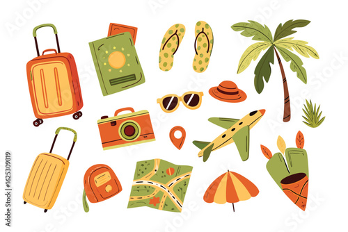 Journey Essentials: A charming array of vacation essentials, from luggage to palm tree, inviting viewers to a world of exploration, escape and sun-drenched days. 