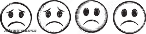 Collection of Sad Face Emoticons Expressing Various Degrees of Unhappiness and Disappointment Isolated on White Background