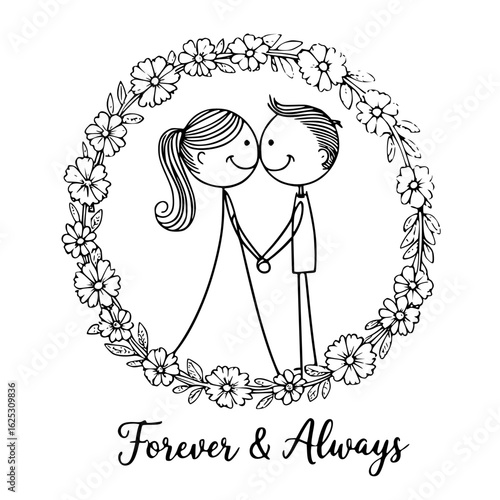 Eternal Bond: A line art illustration of a couple, embraces in a tender moment within a floral wreath, the message of Forever & Always beneath, embodying lasting love.