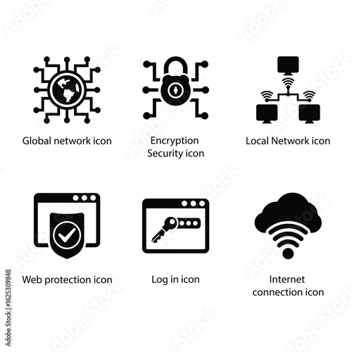 Global network, Encryption Security, Local Network, Web protection, Log in, Internet connection, icon